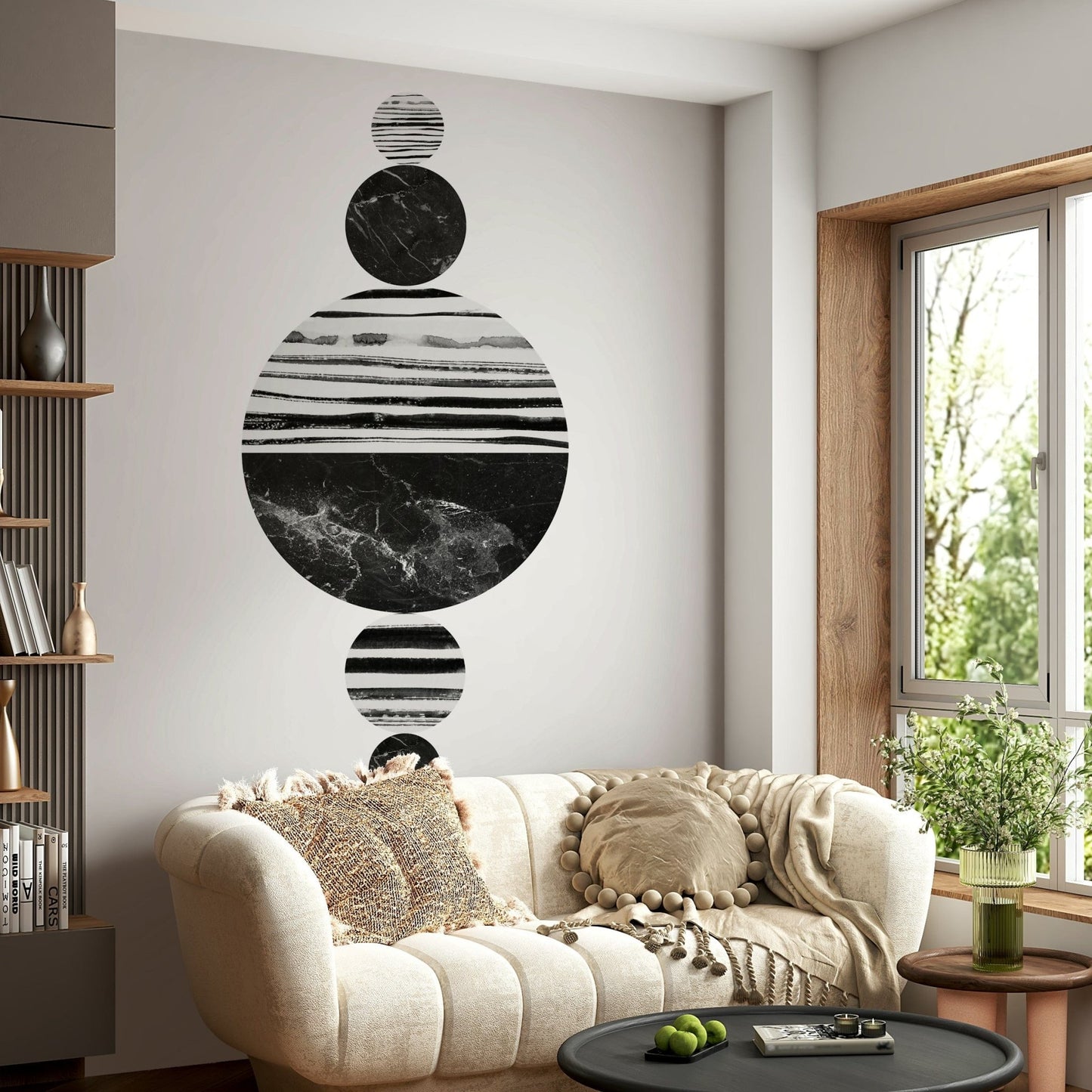 Grunge marble and striped pattern circles forming a balanced modern art piece.

