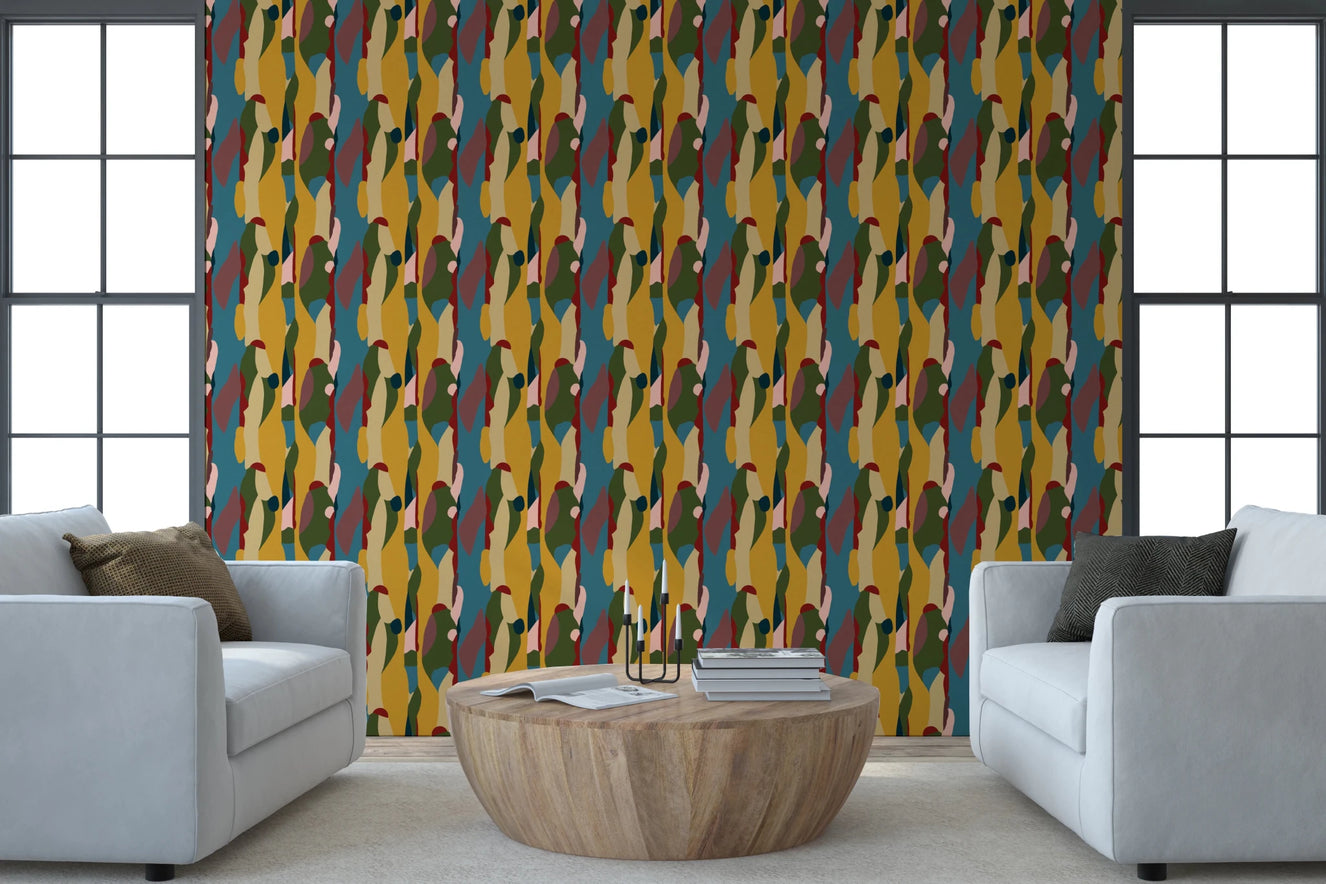 Living room with Abstract Shapes Modern Geometry Wallpaper in earthy tones