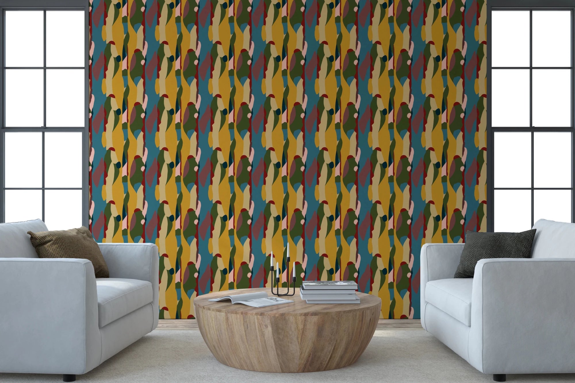 Living room with Abstract Shapes Modern Geometry Wallpaper in earthy tones, GD8821