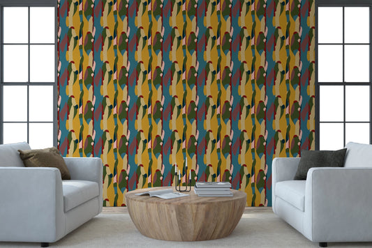 Living room with Abstract Shapes Modern Geometry Wallpaper in earthy tones