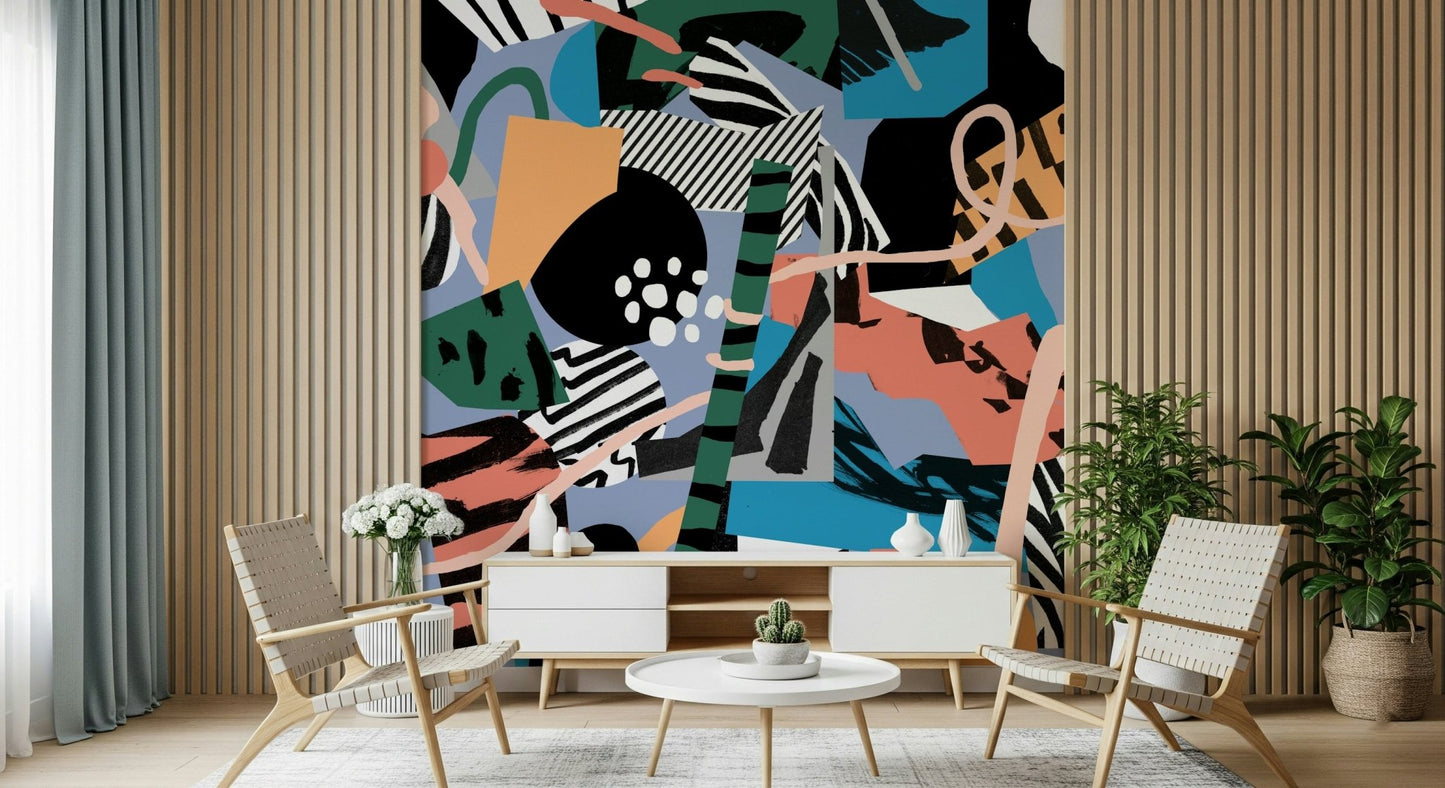 An artistic abstract block mural on minimalist wallpaper.