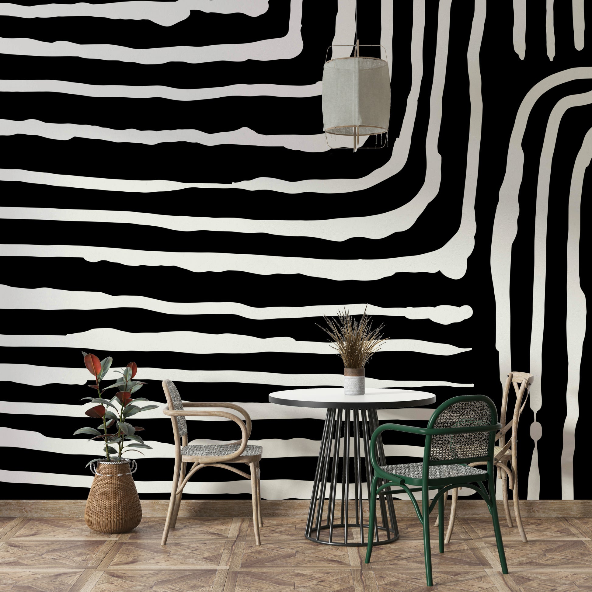 Neutral and black stripe mural


