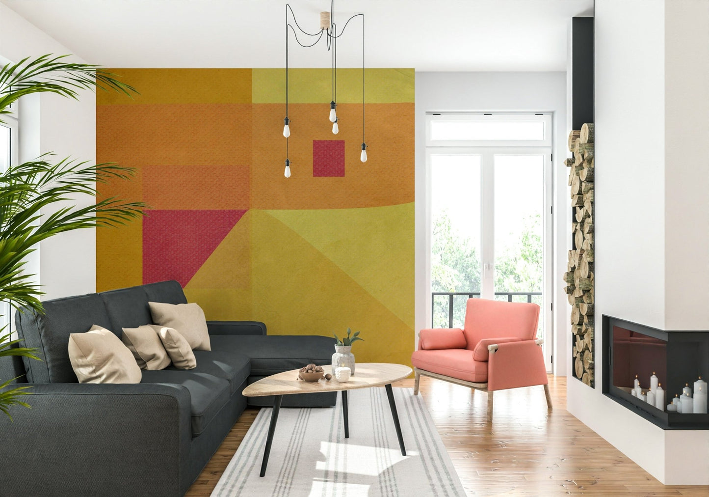 Light-filled dining area featuring the artistic Abstract Study in Yellow Wall Mural.