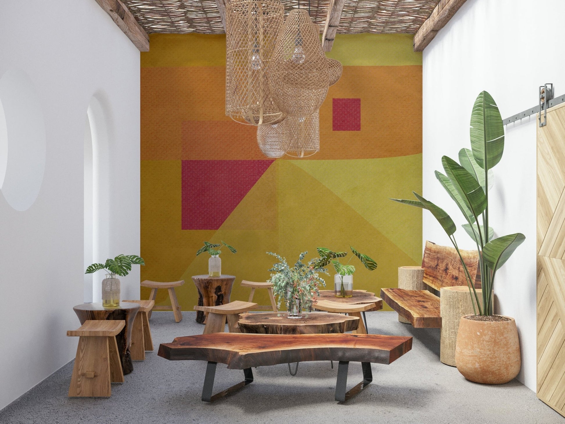 Bedroom feature accent wall showcasing the Abstract Study in Yellow Wall Mural.