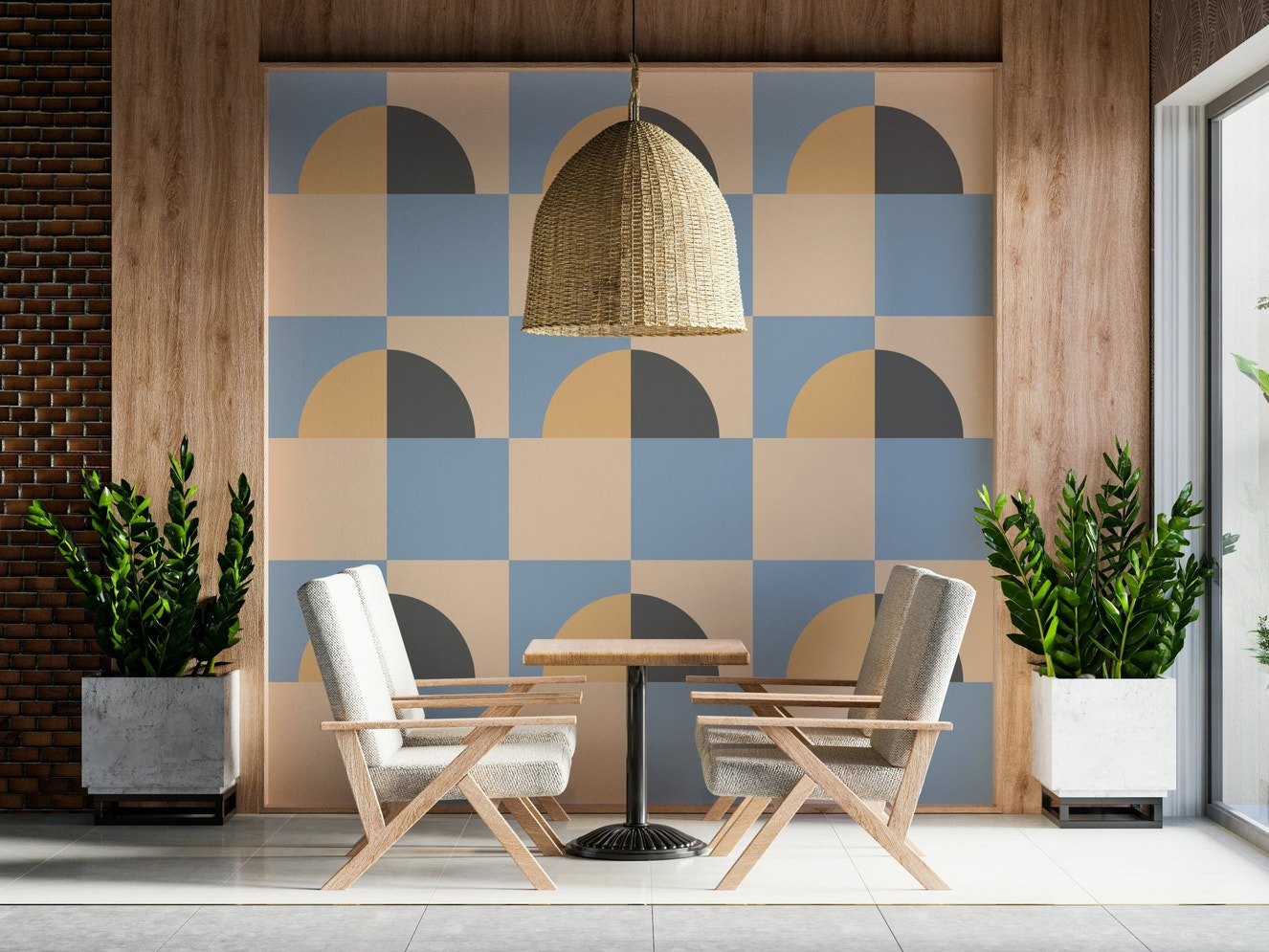 Abstract Sun and Sky Wallpaper behind a curved sofa in a lounge.