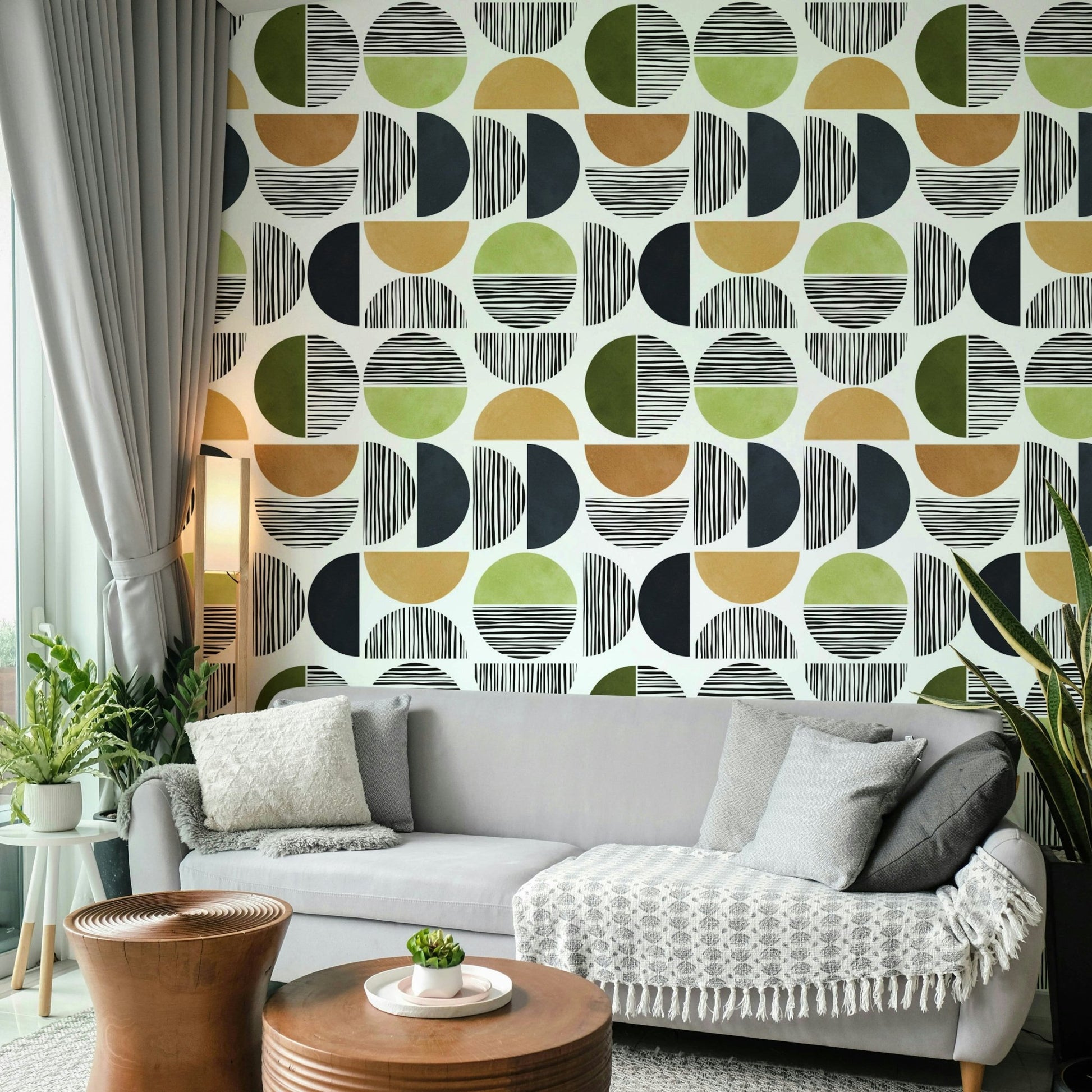 The design features geometric arcs and shapes reminiscent of the sun and sky.

