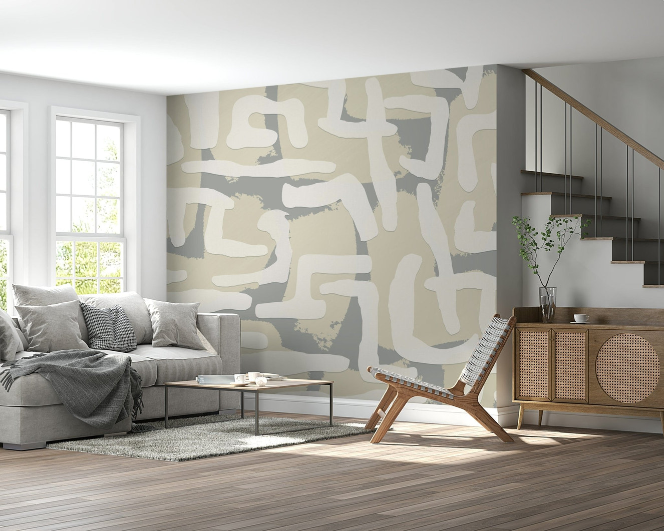 Abstract terrain mural in living room, modern neutral color