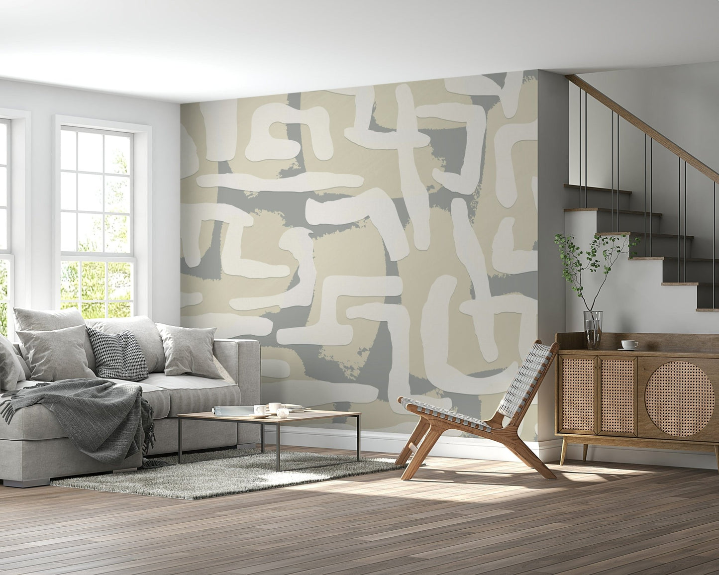 Abstract Terrain wall mural with earth tones in a minimalist bedroom.