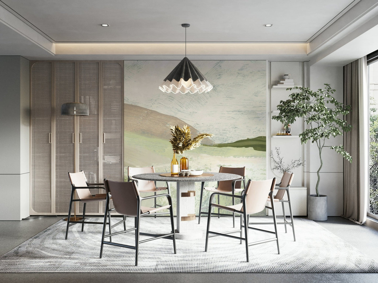 A beautiful abstract vista wallpaper mural with fluid, landscape-like forms., GD5566