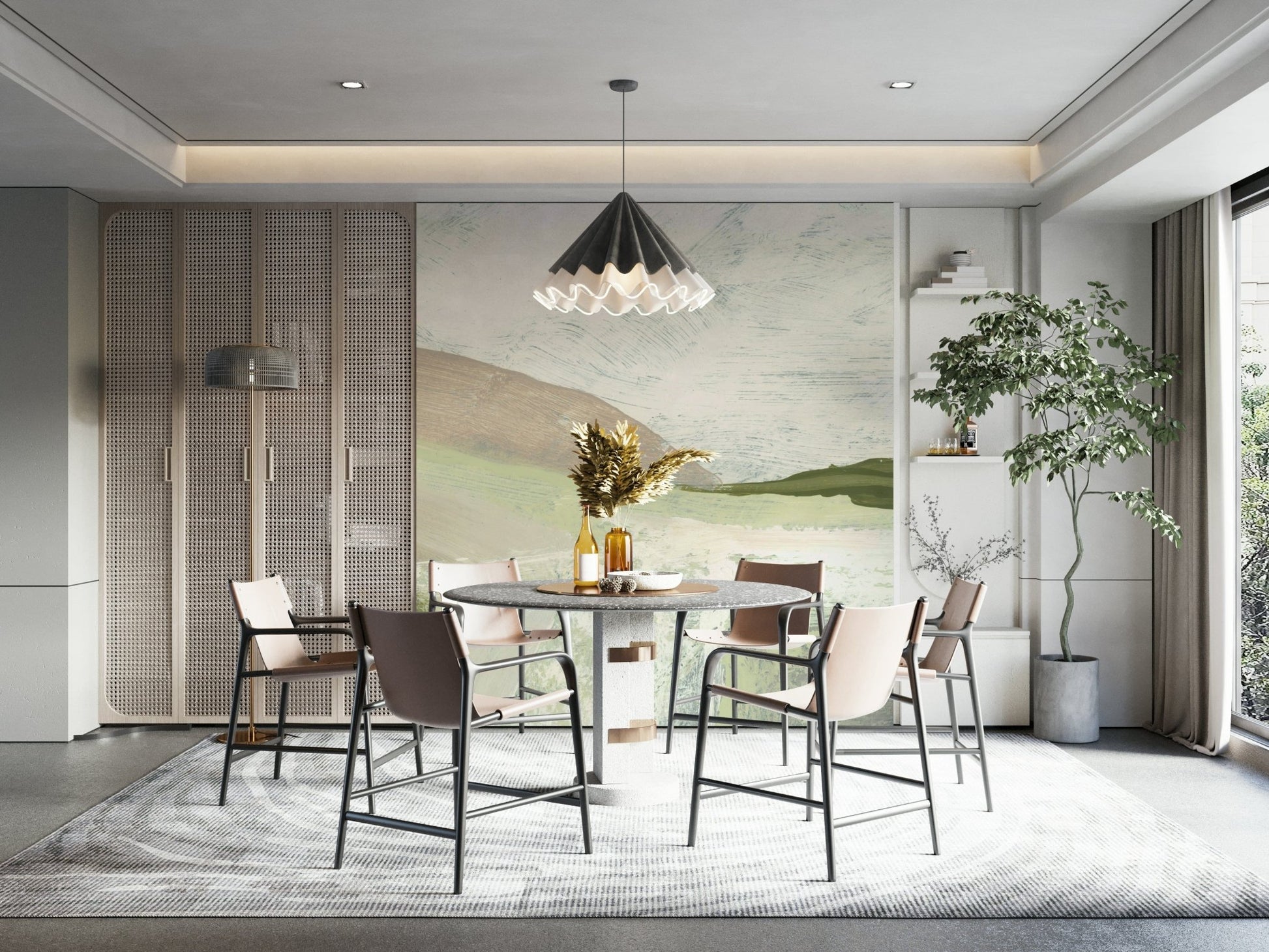 A beautiful abstract vista wallpaper mural with fluid, landscape-like forms., GD5566