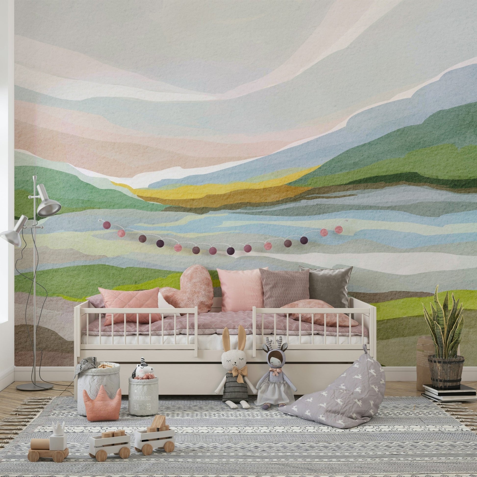 Watercolor landscape mural with flowing hills

