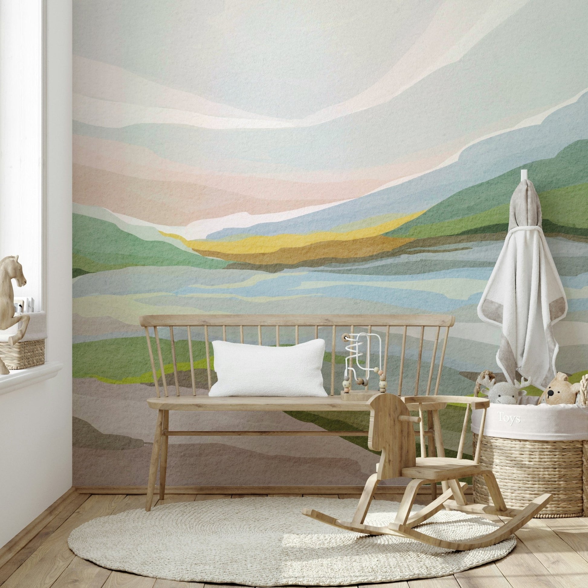 Gentle pastel hills mural for calm interiors

