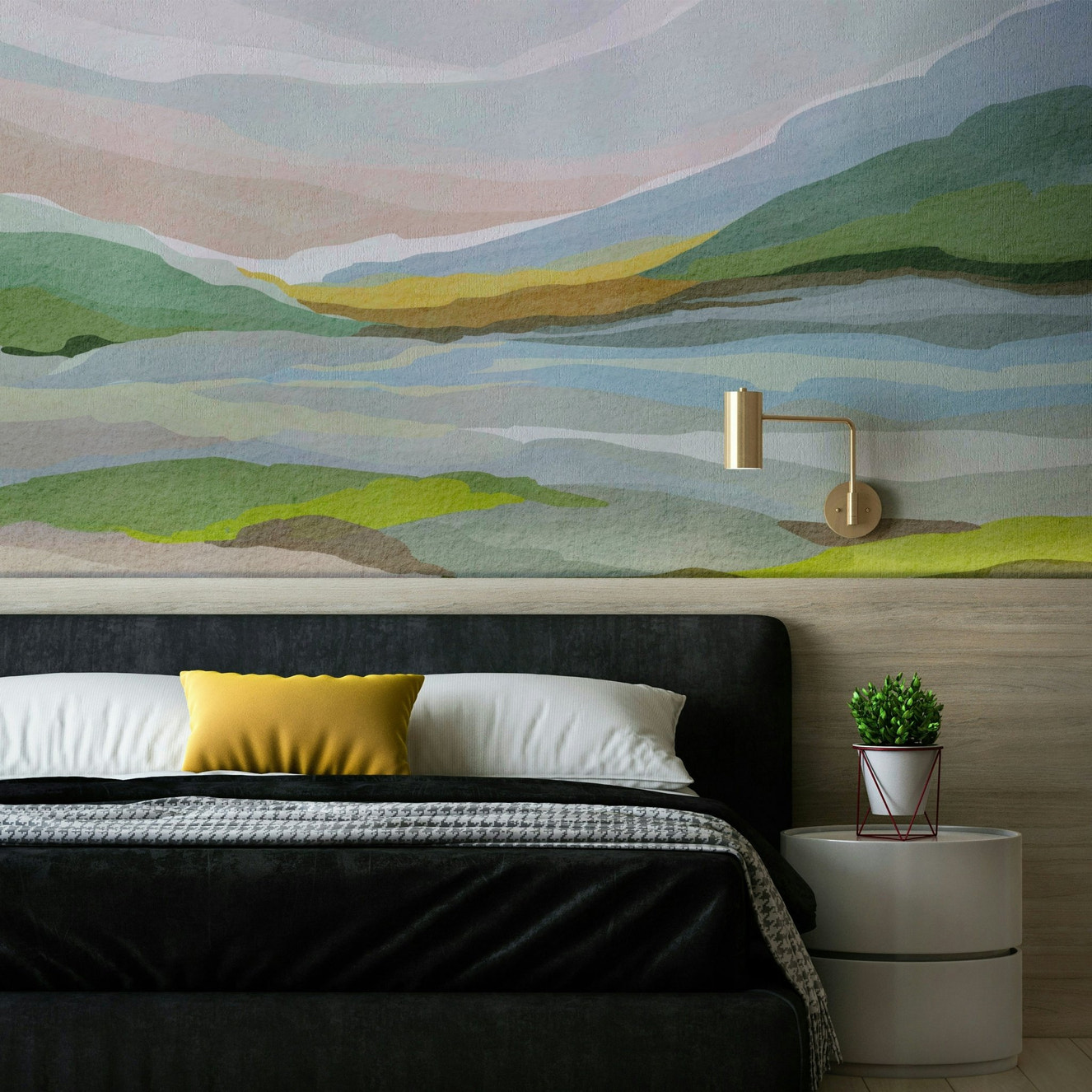 Artistic wall mural with abstract watercolor hills

