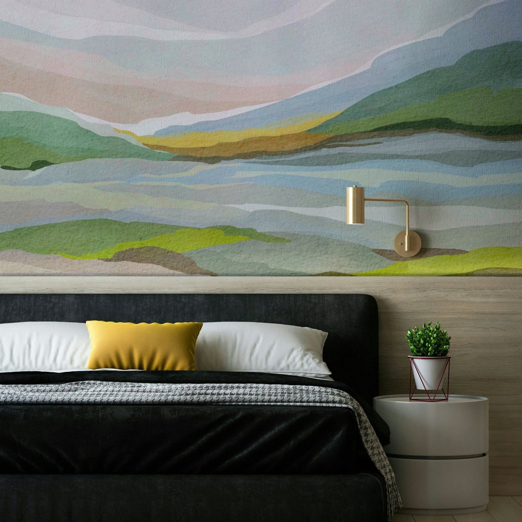 Artistic wall mural with abstract watercolor hills, GD940