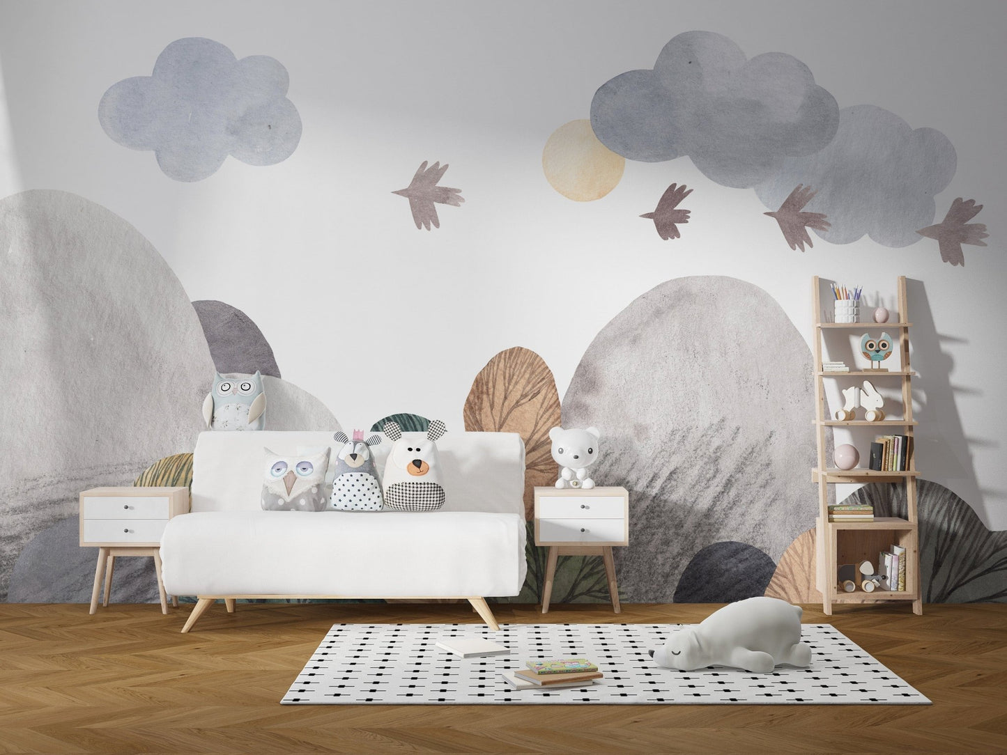Dreamy abstract landscape wallpaper mural with watercolor design.