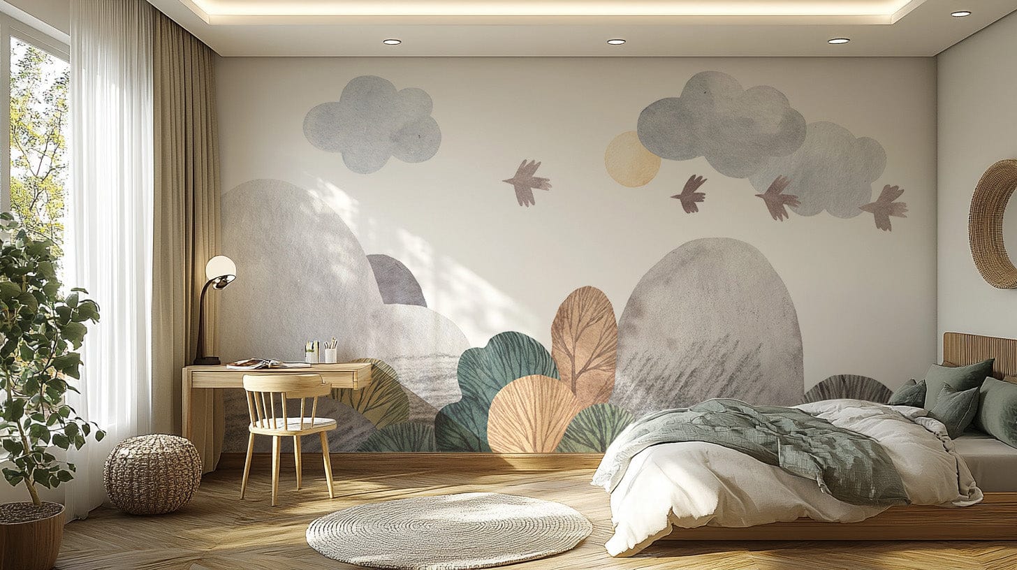 Serene abstract watercolor landscape wallpaper mural for walls., B327