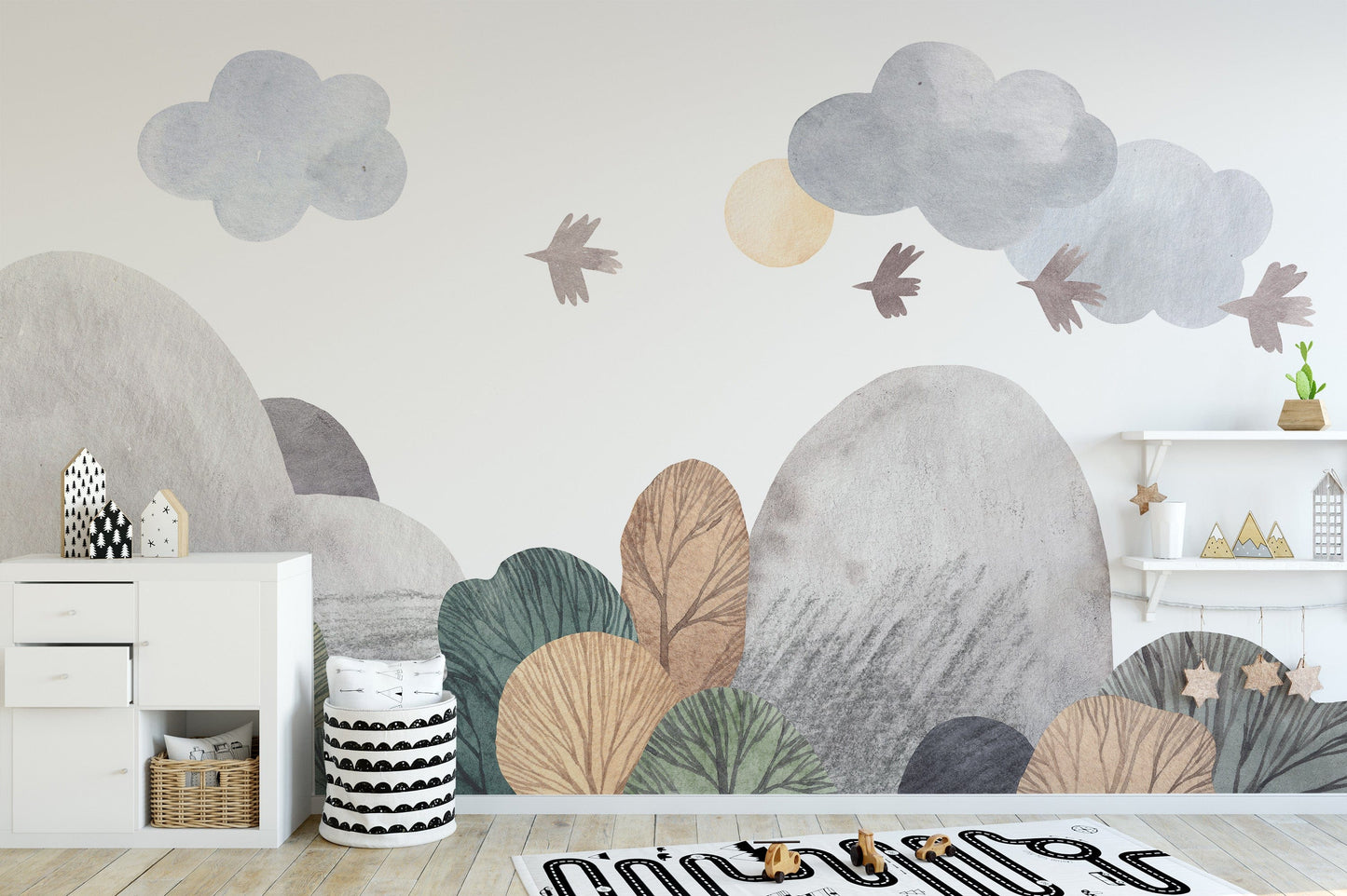Artistic watercolor landscape mural wallpaper for modern interiors.