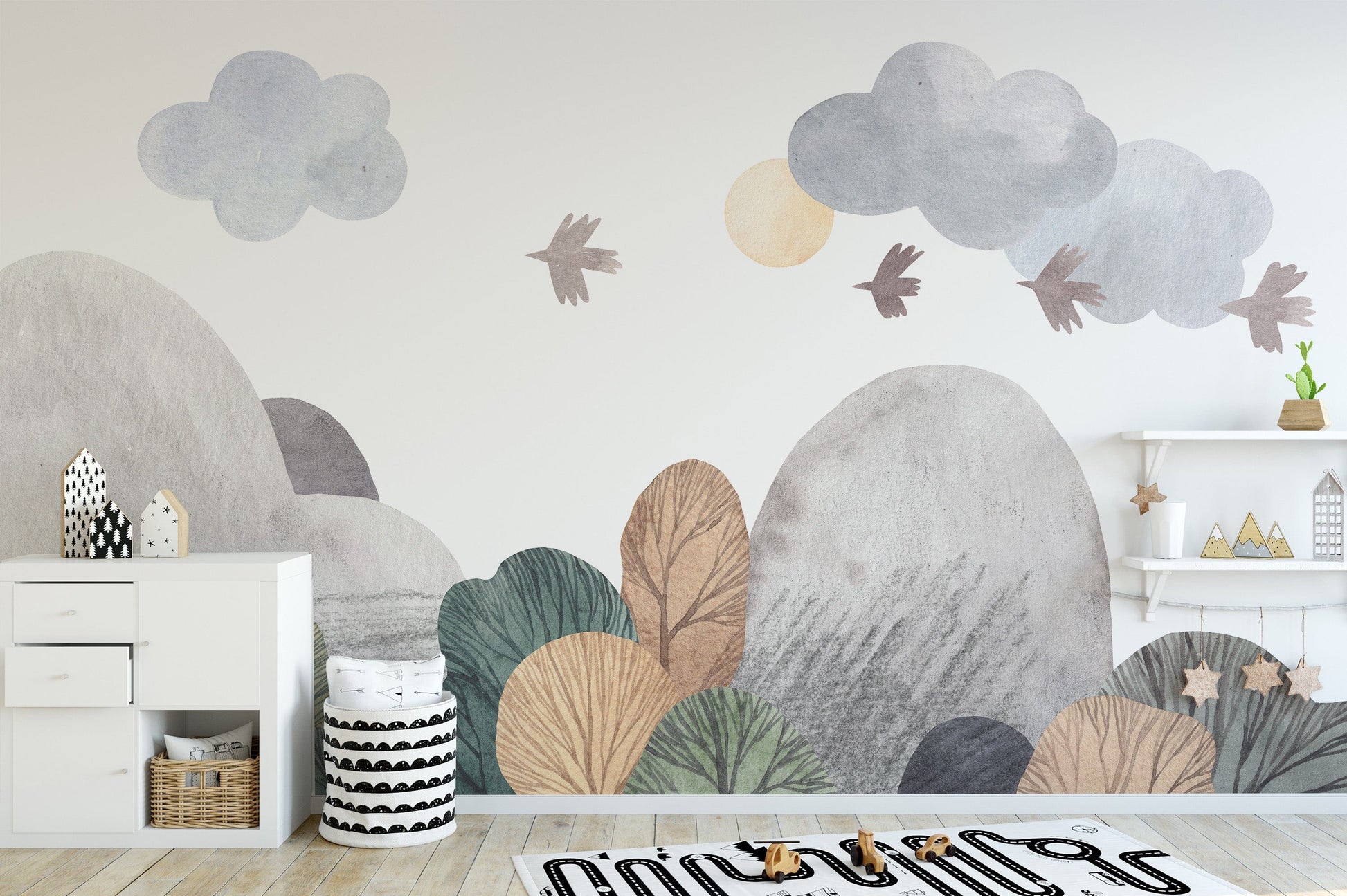 Artistic watercolor landscape mural wallpaper for modern interiors.
