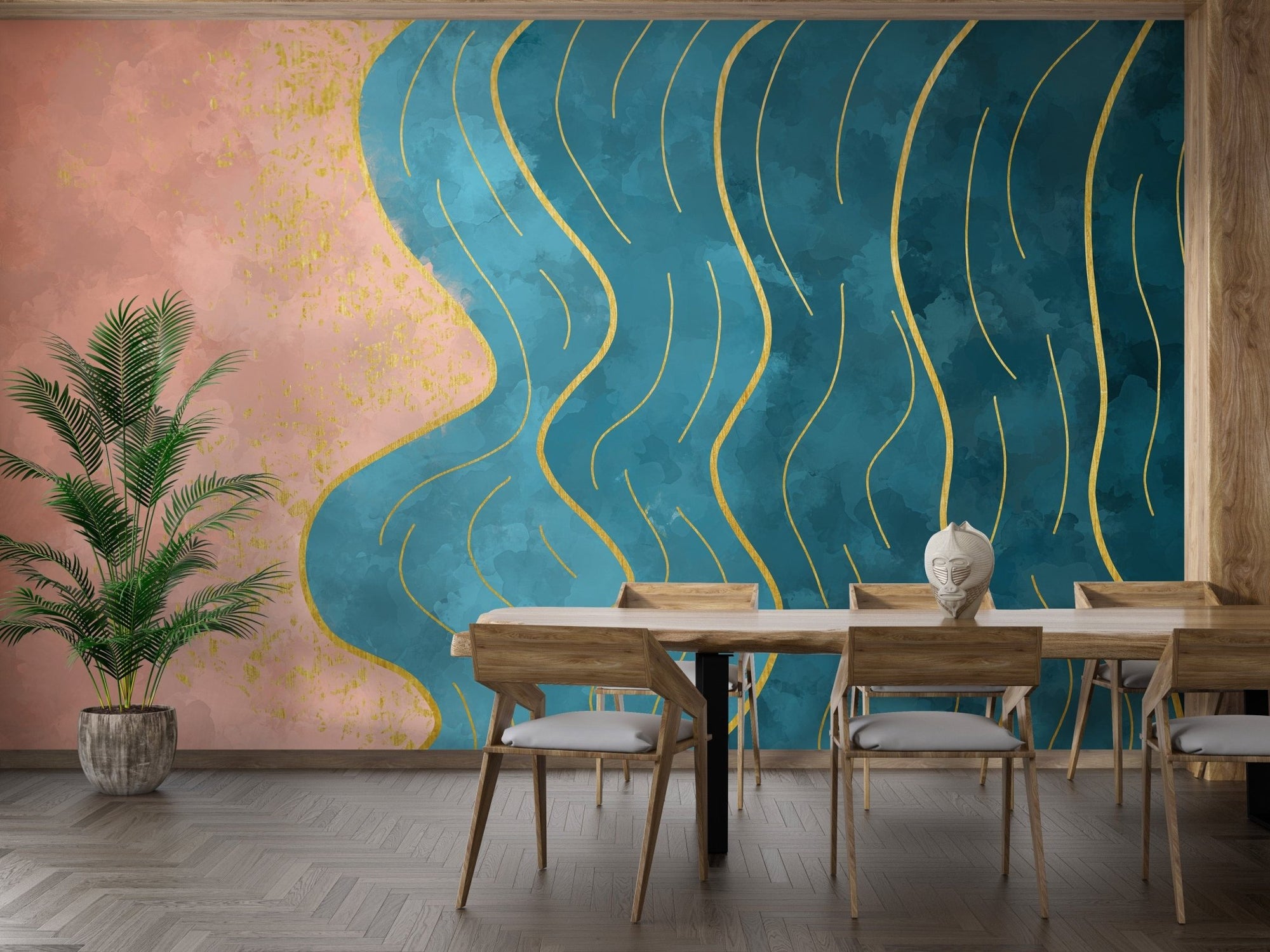 Abstract Wave with Gold Line Wallpaper A692