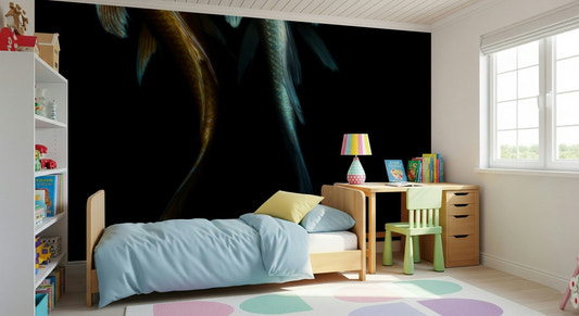 A beautiful abstract koi fish wallpaper mural in deep, dark abyssal tones.