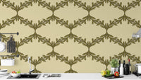 Vintage-style brown wallpaper with natural leafy patterns.