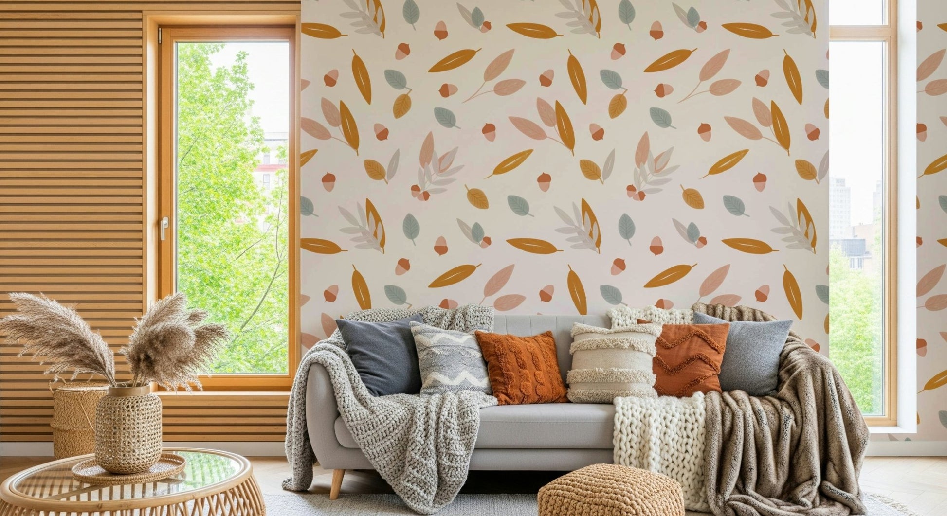 Soft pink Acorn Whispers Wallpaper and sage green motif.