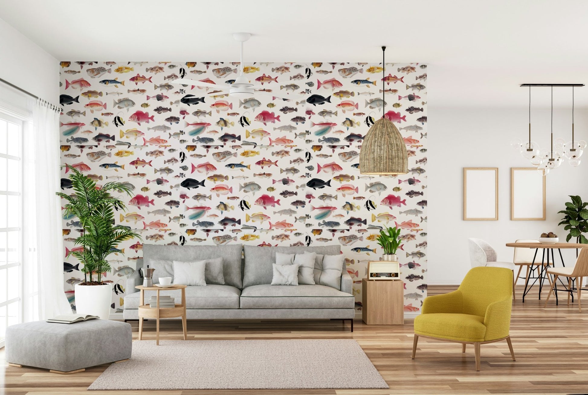 Underwater-themed wall mural with swimming marine life

