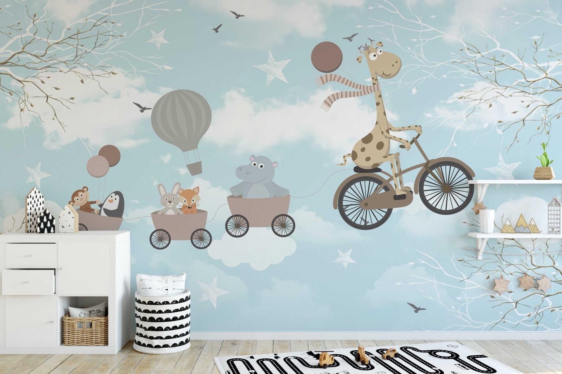Misty Blue Kids Room Wallpaper with Charming Creatures A614