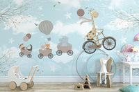 Adorable Animals Kids Room Wallpaper with Misty Sky A614