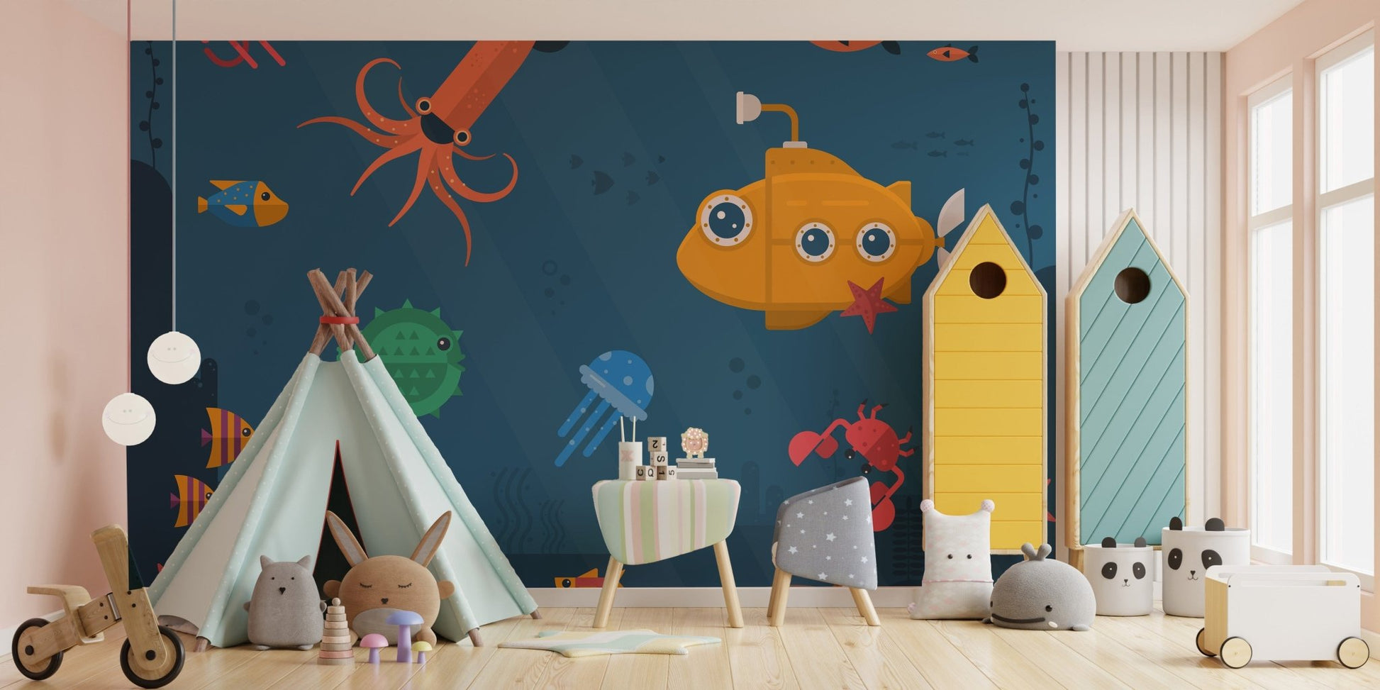 Colorful underwater scene mural with fishes B077