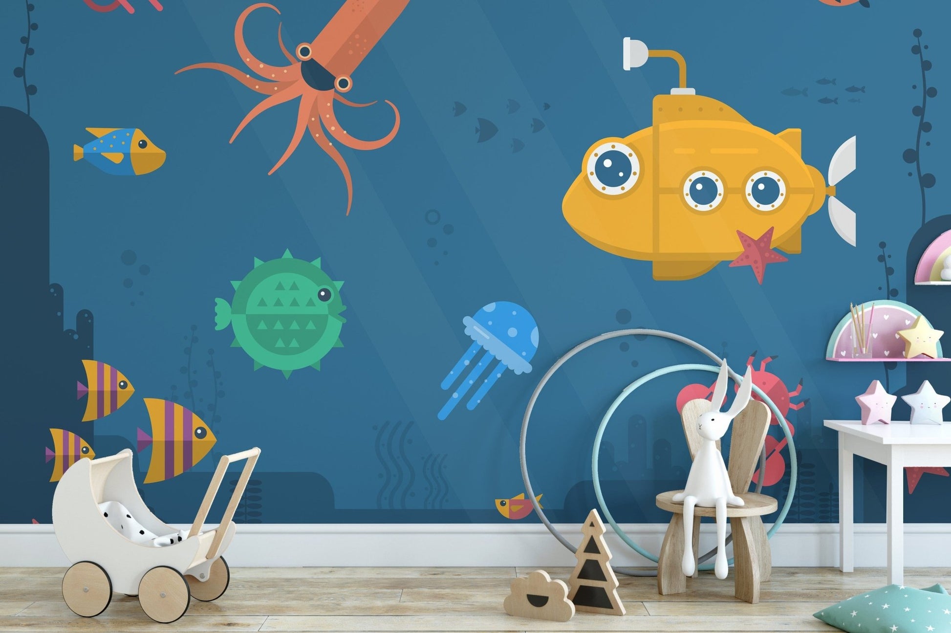Colorful sea creatures with a yellow submarine mural B077
