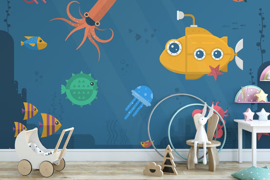 Colorful sea creatures with a yellow submarine mural B077
