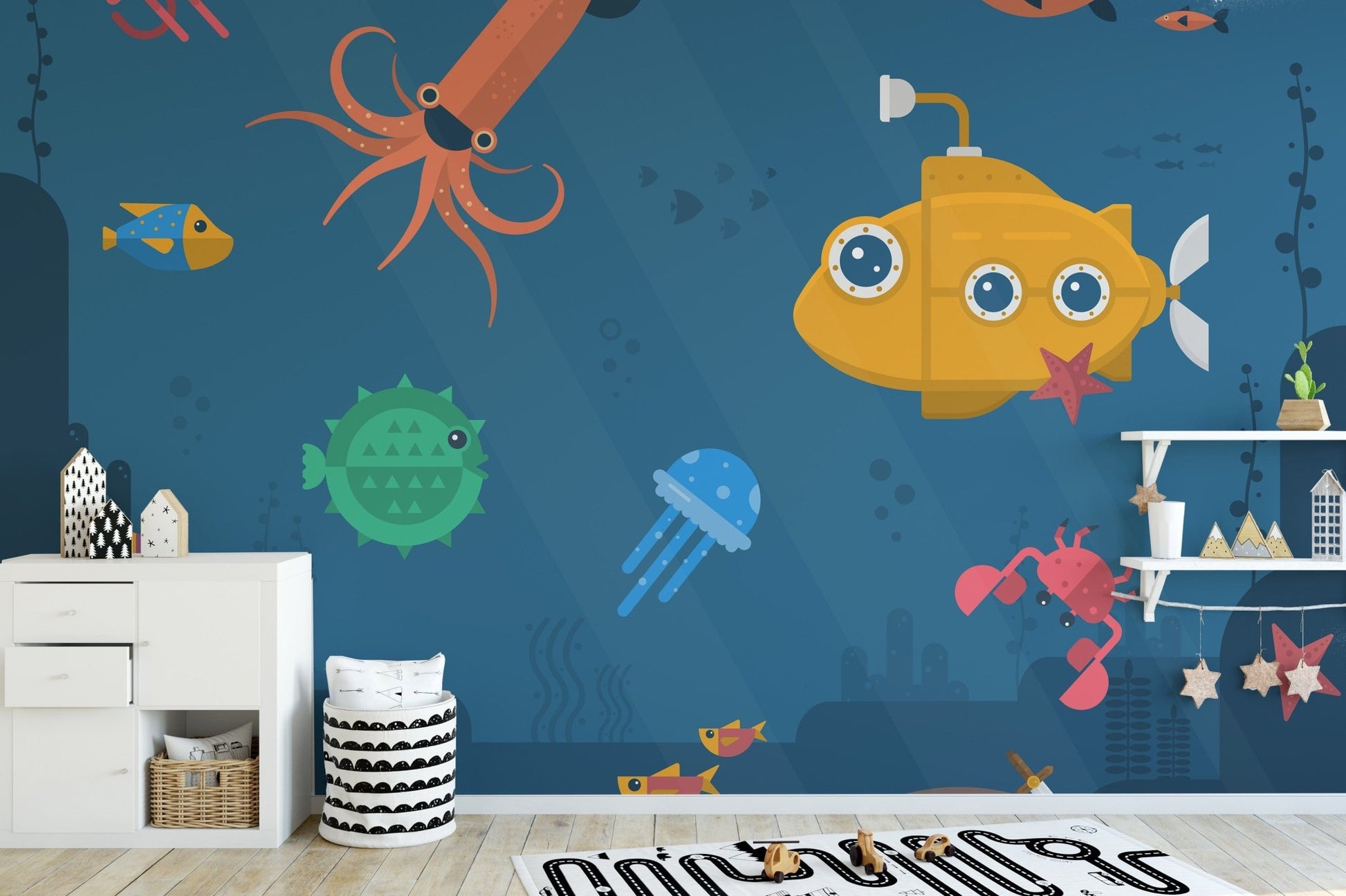 Playful underwater mural featuring ocean fishes B077
