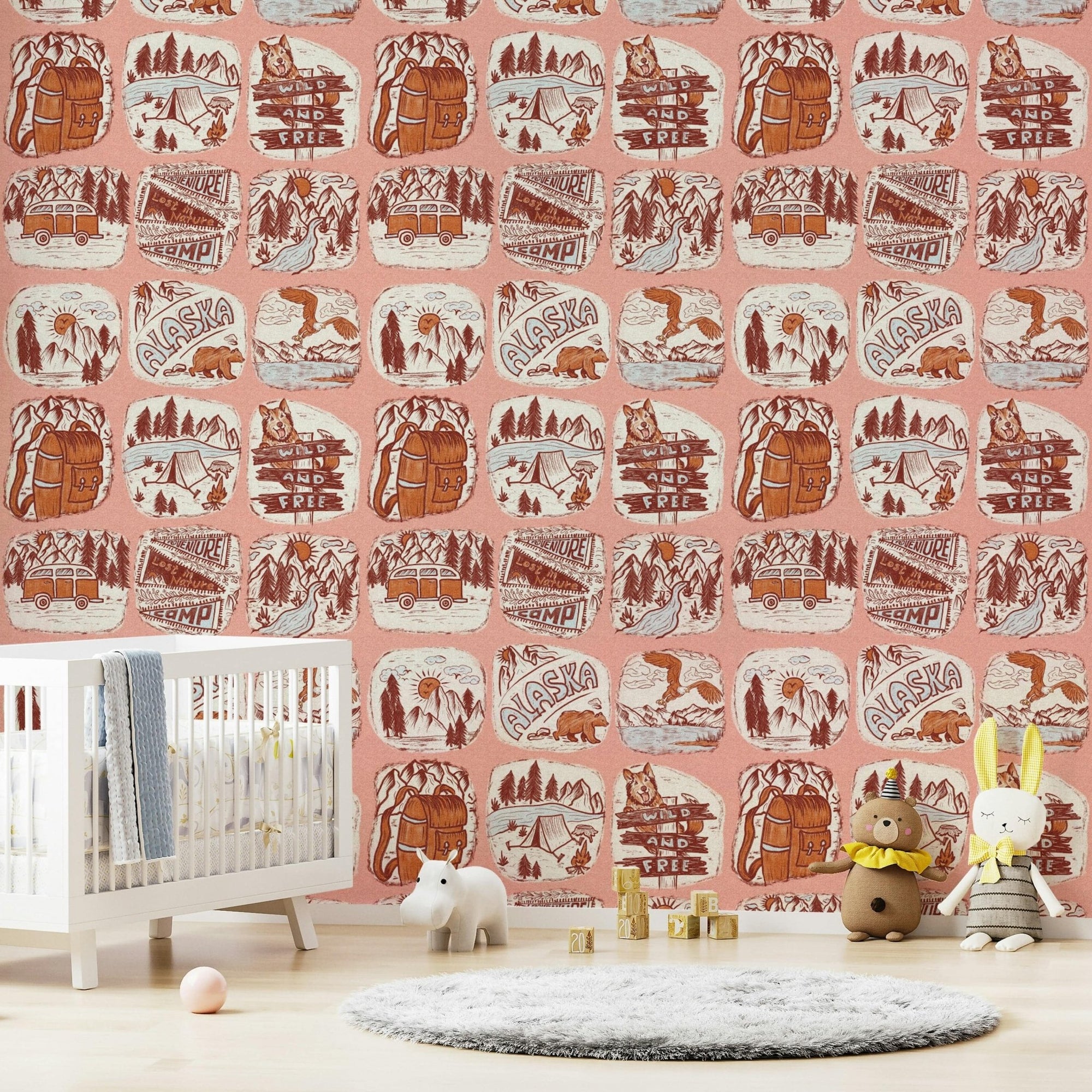 Adventure Awaits Wallpaper Rugged badges, mountain vista, forest bliss., GD6633