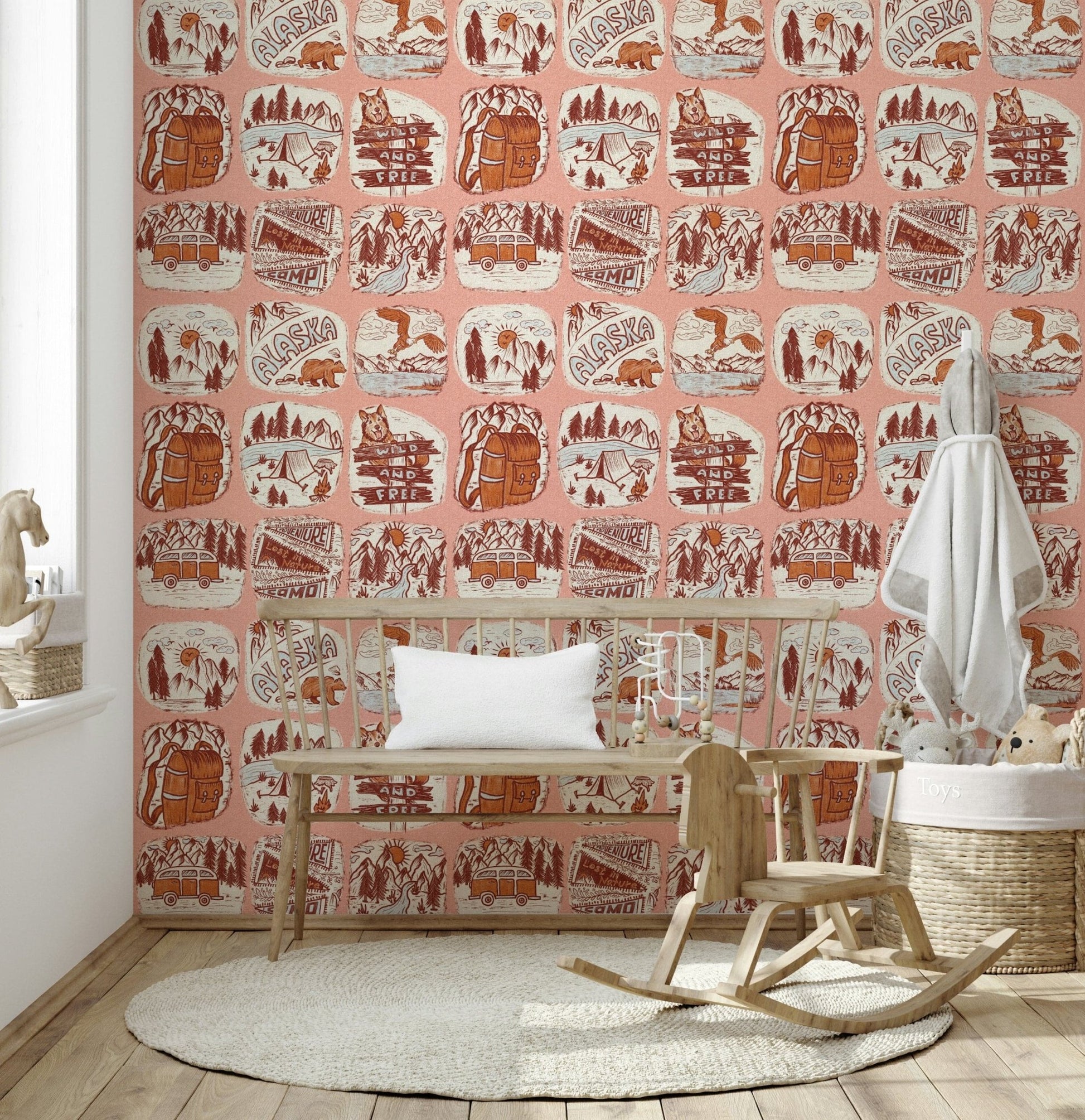 Quirky outdoor patchwork wall mural with bears and eagles.