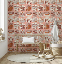 Quirky outdoor patchwork wall mural with bears and eagles.