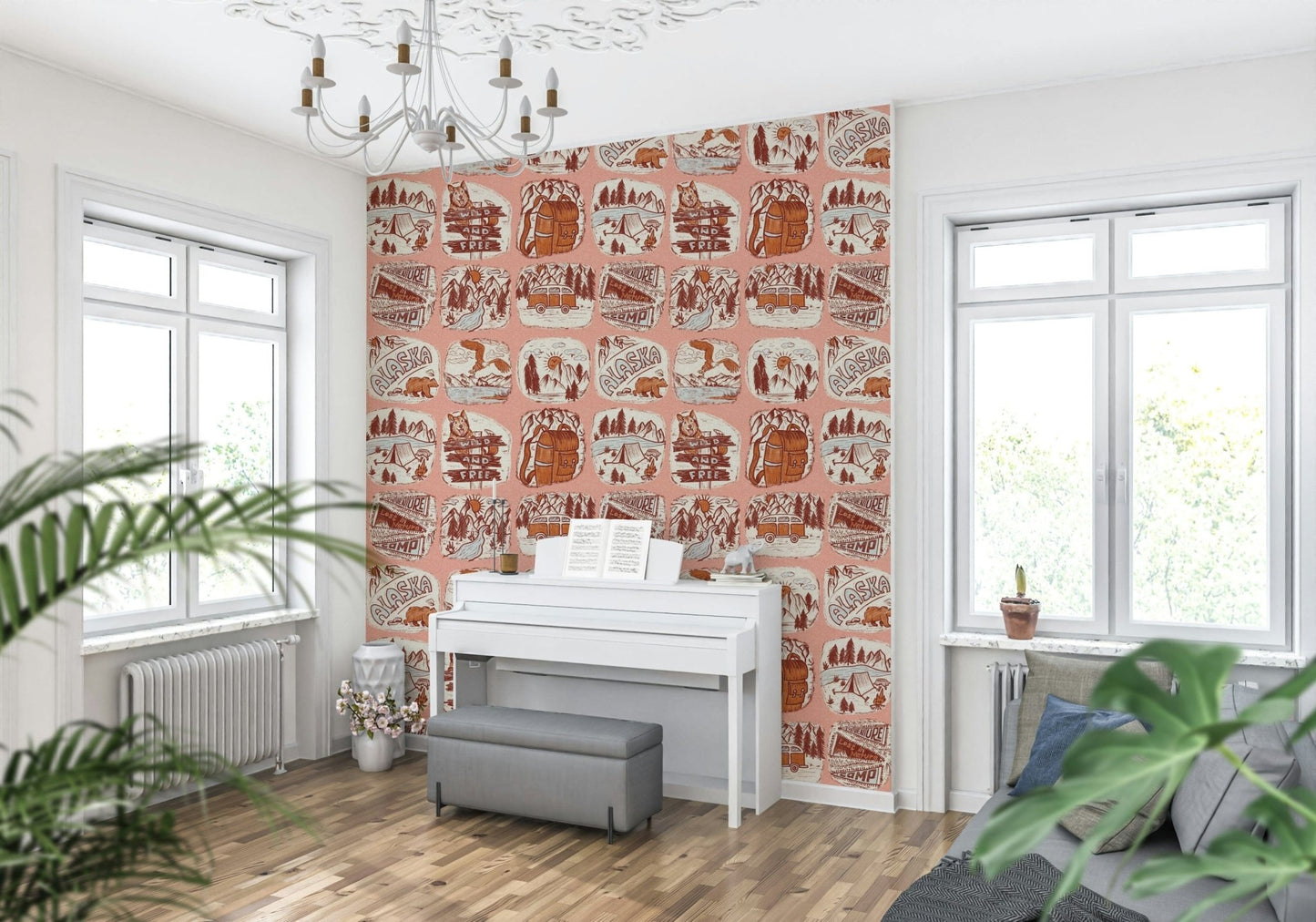 Adventure Awaits Wallpaper Kitschy patch design, nomad inspirations, cosy art.