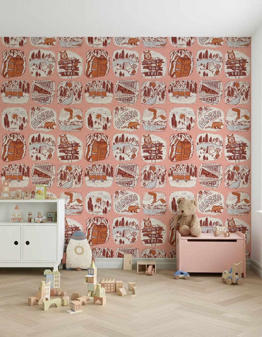 Earthy tones, knackered look, Adventure Awaits wilderness scenes.