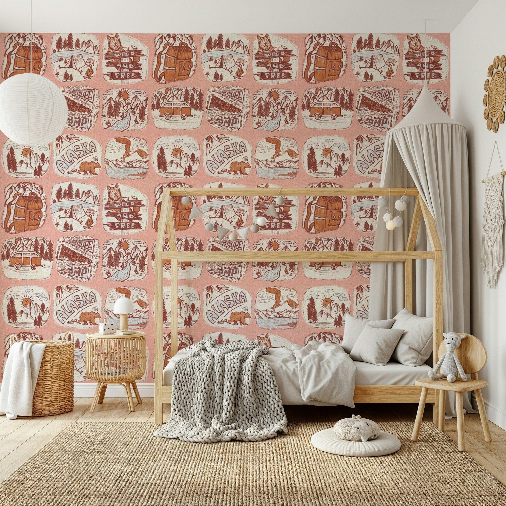 Adventure Awaits Wallpaper: Ginger brown van, serpentine river design.