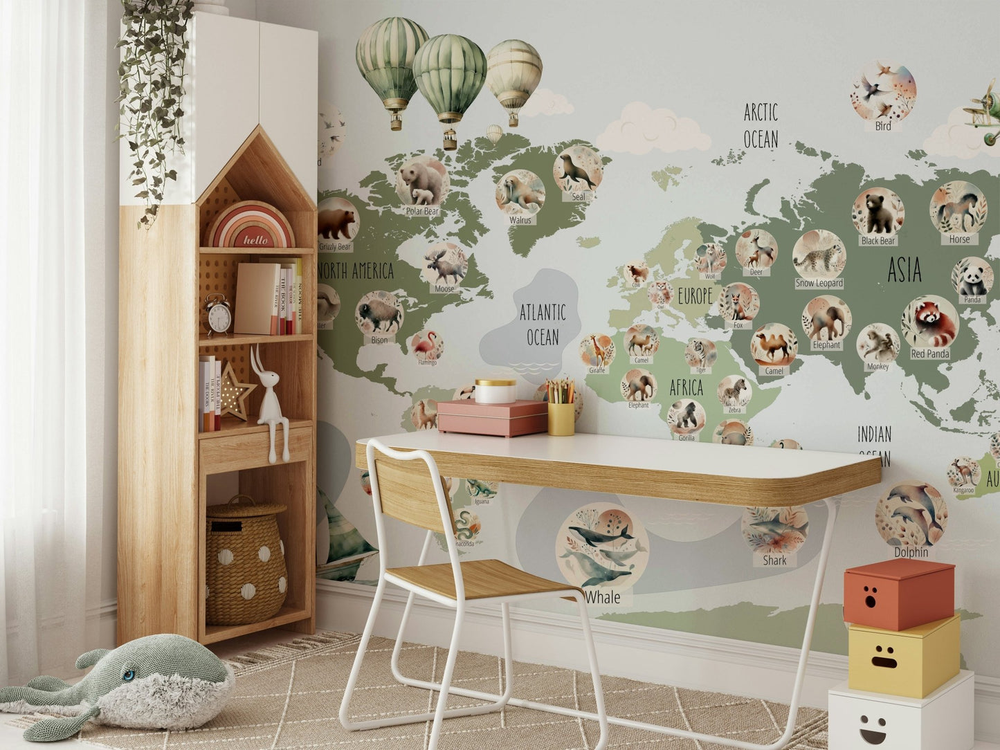 A living room featuring the animal map wall mural.

