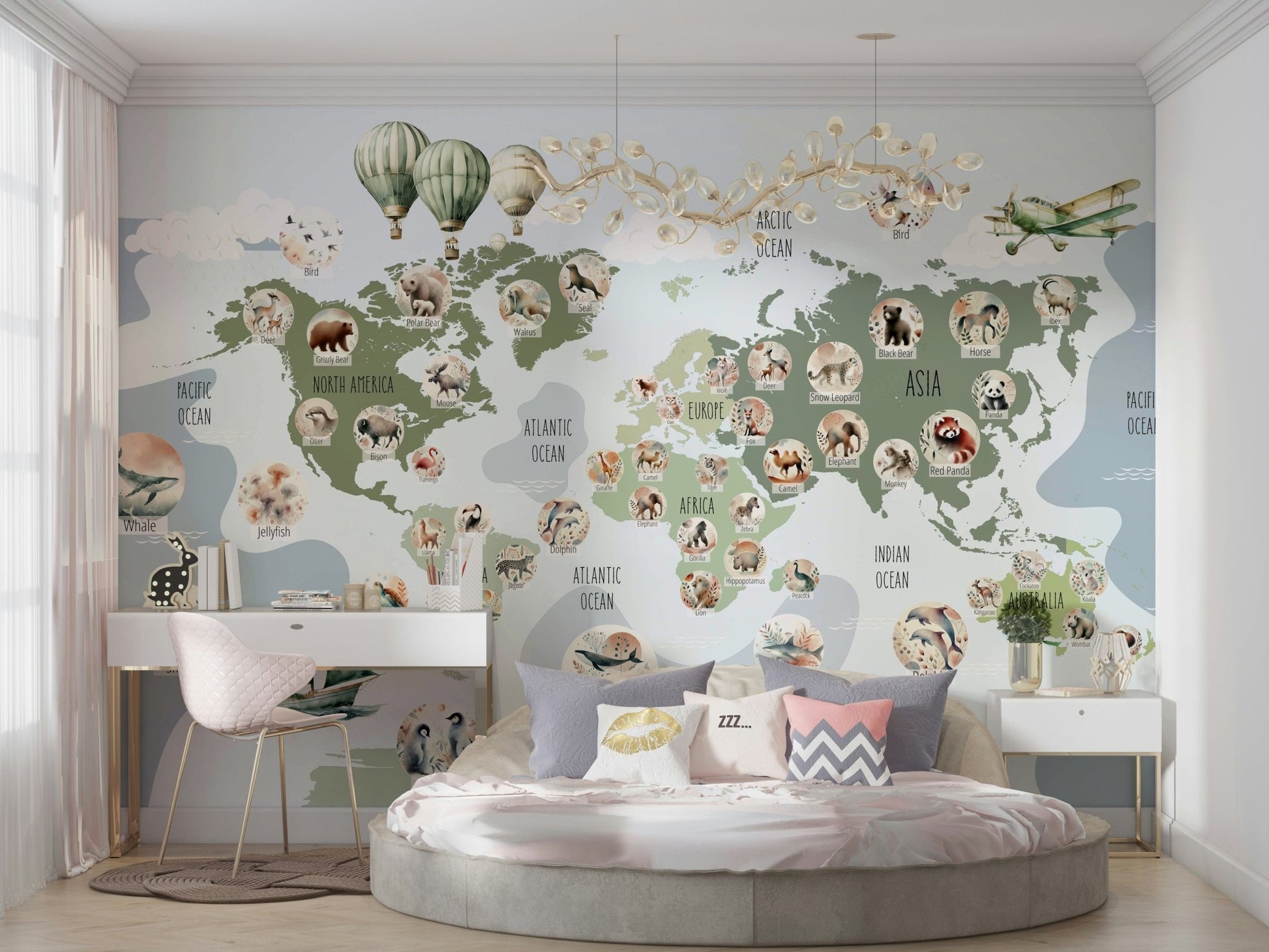 The wallpaper is used to create a feature wall in a children's room.

