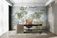 A minimalist home office with the adventure world map.

