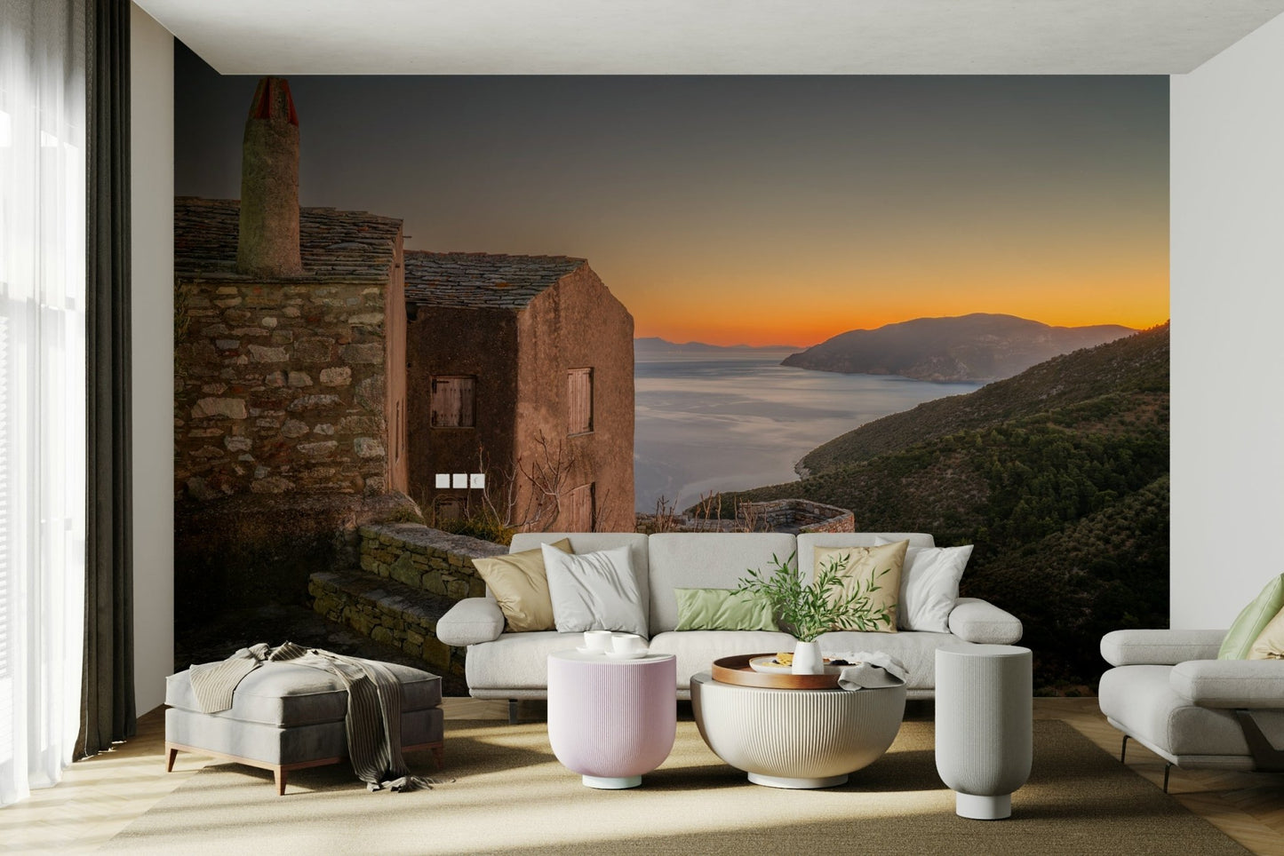 An artistic coastal scene mural on minimalist wallpaper.

