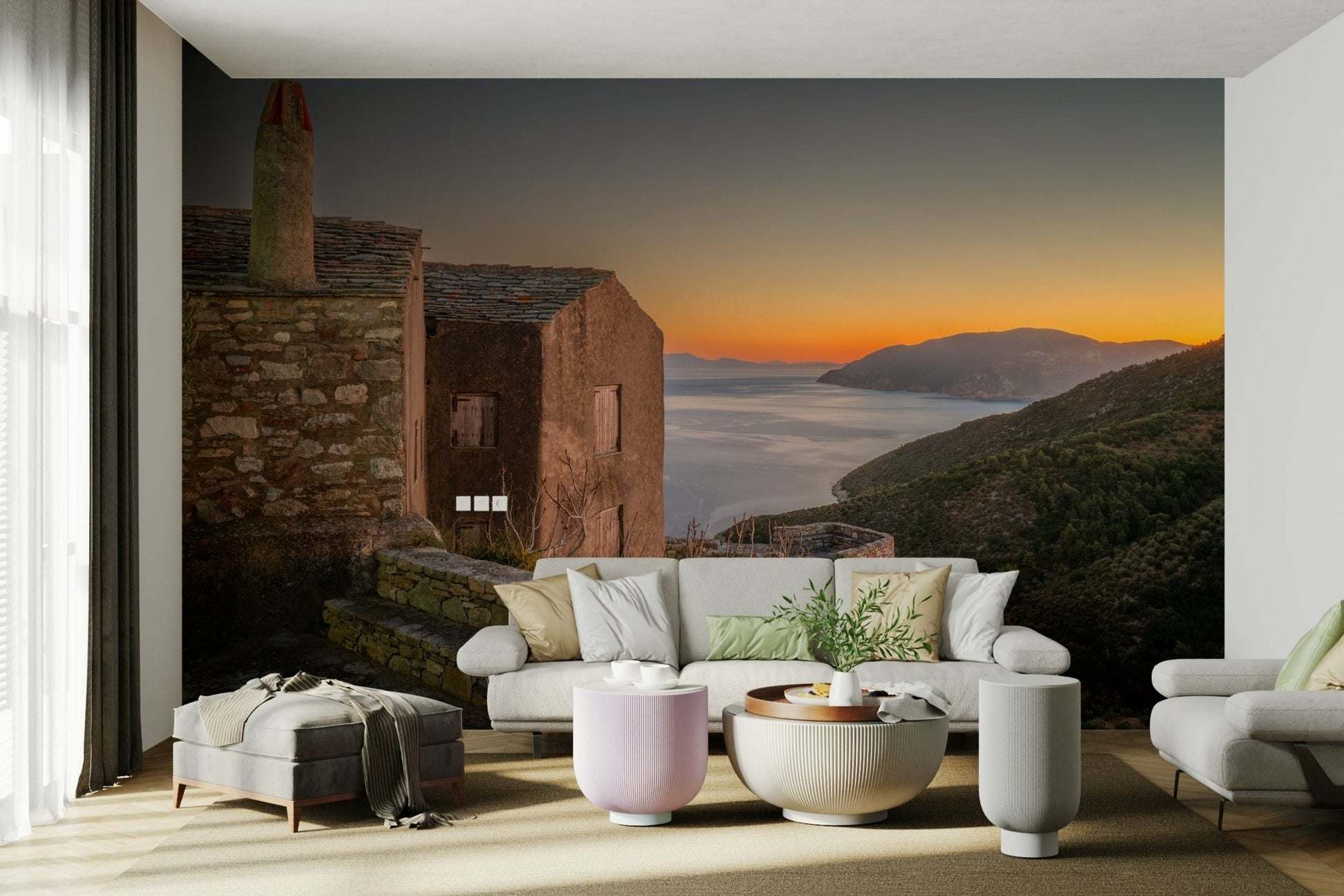 An artistic coastal scene mural on minimalist wallpaper.

