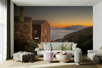 An artistic coastal scene mural on minimalist wallpaper.

