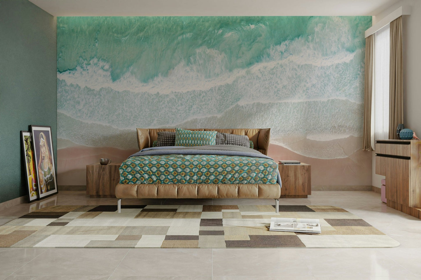 Seaside mural wallpaper with calm tones


