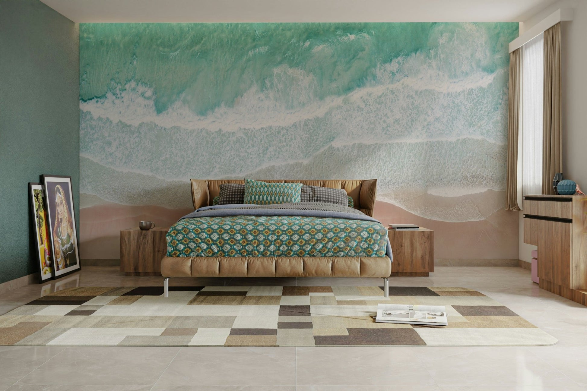 Seaside mural wallpaper with calm tones


