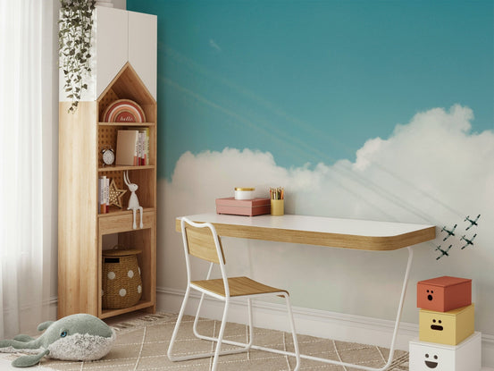 Aerial Show III wall mural showing a plane formation trailing smoke over clouds GD4943
