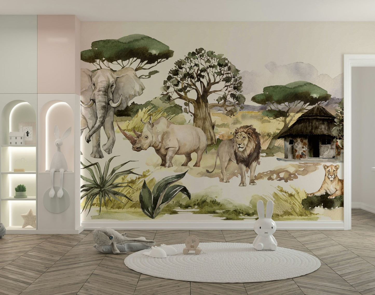 Watercolor lions and giraffes on African wildlife mural

