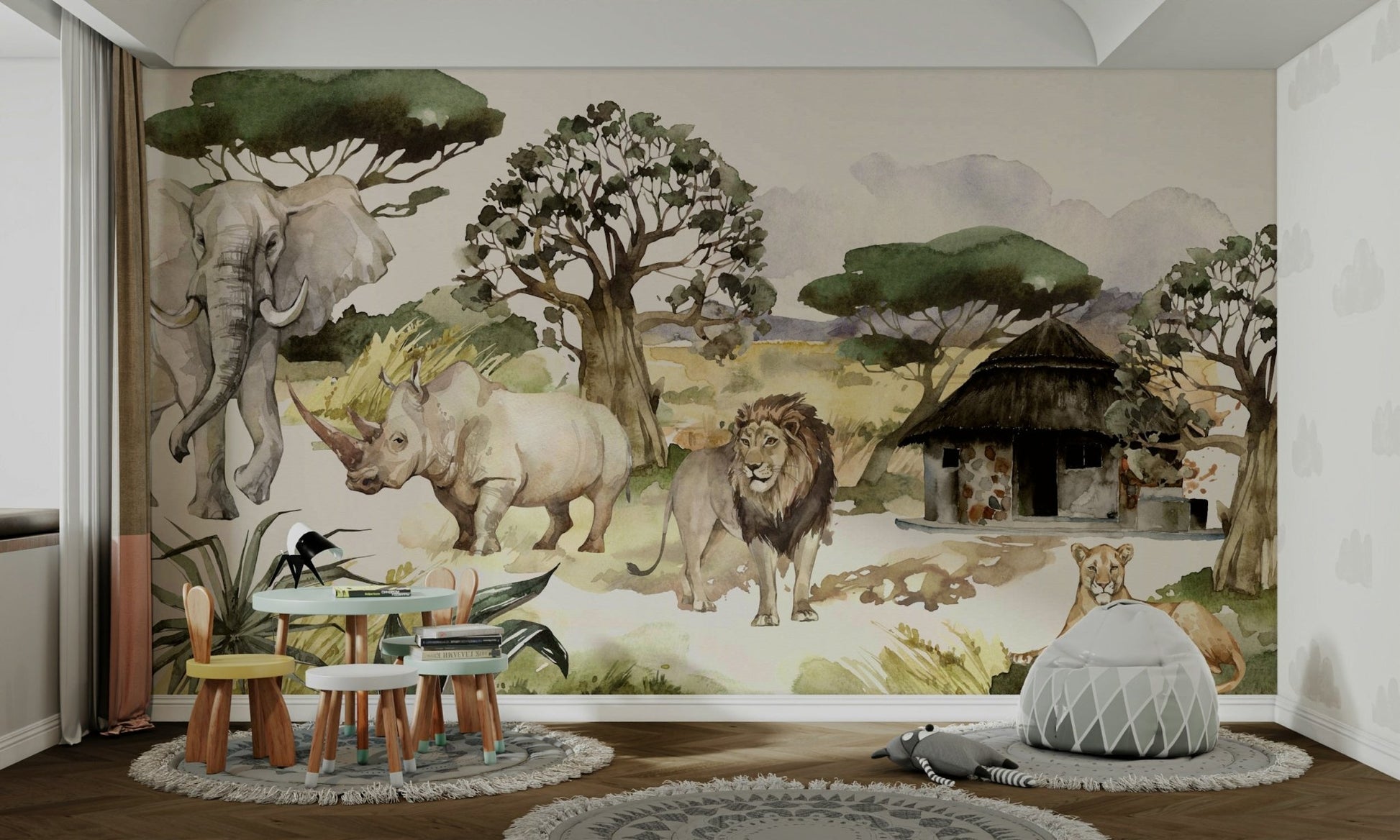 Wild animals in African landscape on watercolor wall mural

